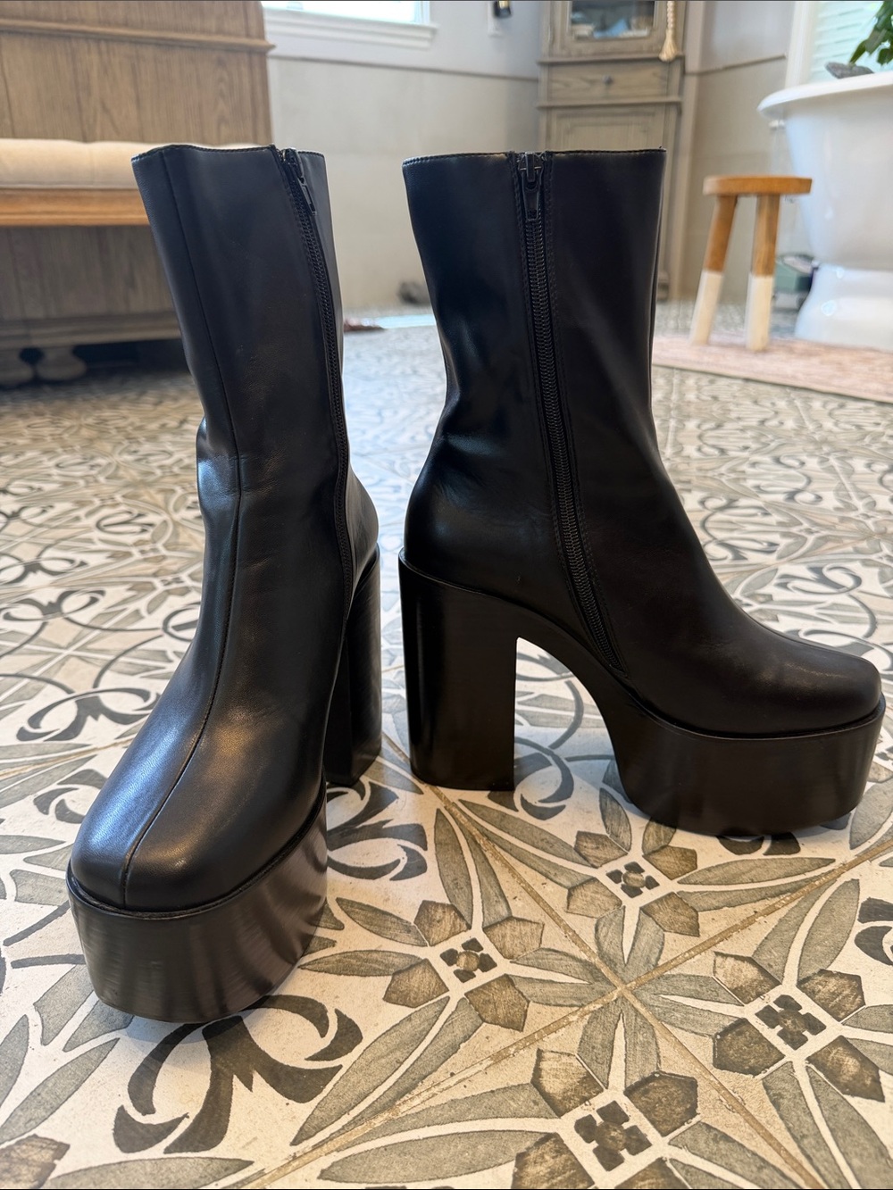 Jeffrey Campbell Black Platform Block Heel Zip Ankle Boots